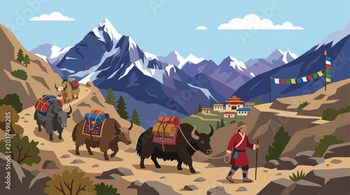 Photos Illustration of man leading yaks through Himalayan mountain landscape with prayer flags