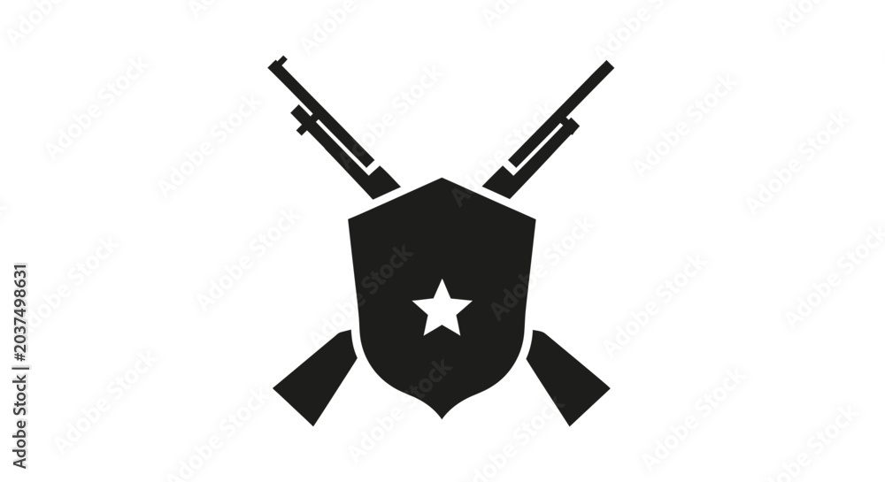 Naklejka premium Black silhouette icon of a shield with a star and crossed rifles.