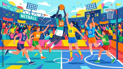 Tableau sur toile Netball players in action on court.