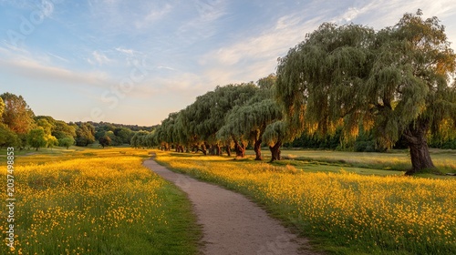 towpath. Ancient canal towpath lined with wildflowers and willows under golden hour light. travel magazines, destination branding, designed for outdoor magazines and nature guides.