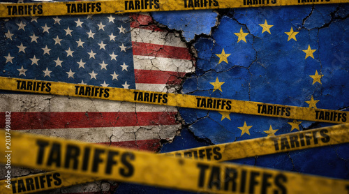 US EU Trade War and Tariffs with Cracked Flags and Caution Tape