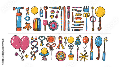 Fotografia Party Essentials Collection: A vibrant assortment of festive party elements, including colorful balloons, whistles, pompoms, noisemakers, and celebratory decorations, all arranged in a playful