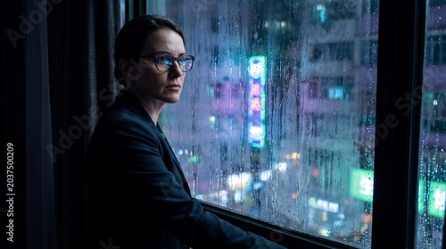Thoughtful Woman in Glasses Looking Out Rainy City Window at Night