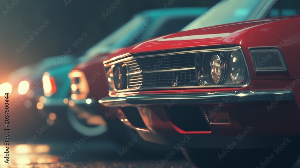 Naklejka premium Classic cars parked in a row, with a red car in the foreground and blurred cars in the background, creating a sense of depth and nostalgia for vintage automobiles