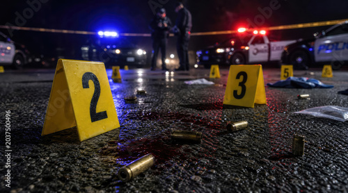 Police Forensics at Night: Crime Scene with Bullet Casings & Blood