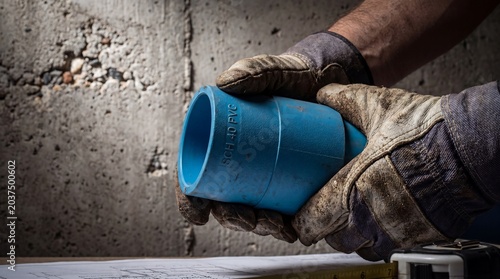 Worker in Gloves Holding Blue SCH 40 PVC Pipe Fitting Over Blueprints