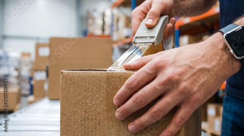 Man Sealing Cardboard Box with Tape Dispenser in Warehouse