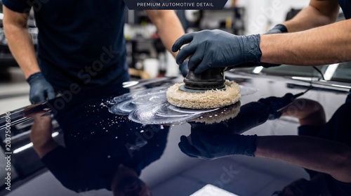 Professional Car Detailer Polishing Dark Blue Car Hood with Rotary Buffer