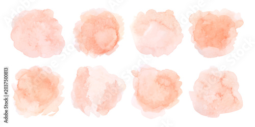 Soft watercolor blotch in peach and pink tones creates a delicate splash vector illustration set with pastel brush strokes, gentle texture, and subtle coral hues for artistic designs.