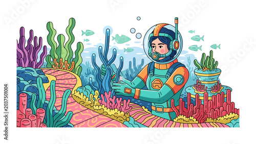 Photos Scuba Diver Exploring Vibrant Coral Reef: A diver in full gear explores a colorful underwater world teeming with coral, marine plants, and small fish, creating a sense of wonder and adventure