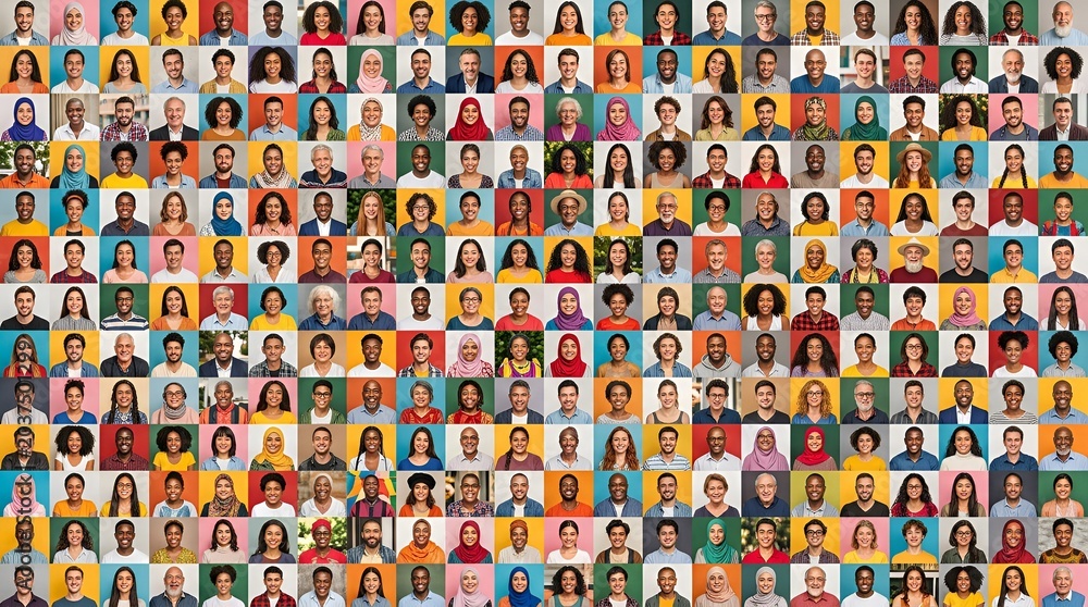 Fototapeta premium Diverse Crowd Collage: People of All Ages, Genders, and Ethnicities in Square Portraits