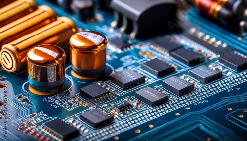 close up macro shot of electrolytic capacitors and resistors populating a surface mount circuit board highlighting electronic components