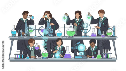 Konstfotografi Young Scientists in a Laboratory: A group of young students in academic robes conduct experiments with colorful liquids in flasks and beakers, engrossed in a science lesson