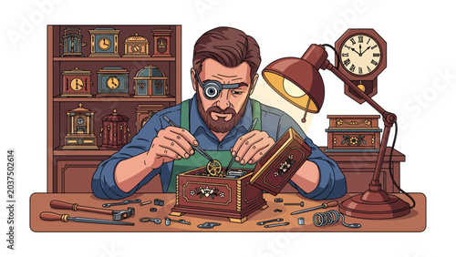 Photos Master Watchmaker's Craft: A skilled artisan, equipped with a magnifying eyepiece, meticulously repairs an intricate clockwork mechanism within his workshop