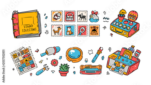 Cuadro en lienzo Stamp Collecting Essentials: A delightful collection of illustrated items essential for stamp collecting, including a vintage stamp album, an array of colorful postage stamps, a magnifying glass
