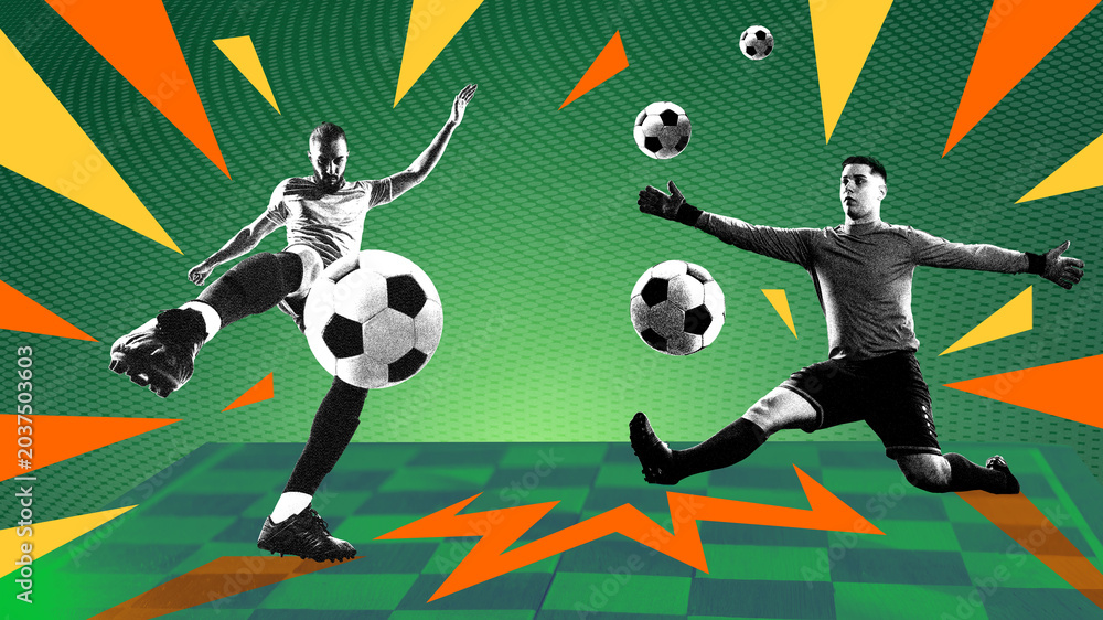 Fototapeta premium Soccer collage design with two male players repeated in power kick sequence. Concept of football poster, match promo, sports training, tactical visual, and dynamic campaign.