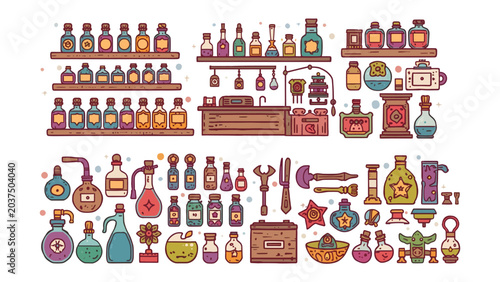 Obraz na płótnie Alchemist's Laboratory Collection: A vibrant collection of colorful bottles, flasks, vials, and laboratory equipment, suggestive of an alchemist's workshop or a fantasy potion maker's inventory