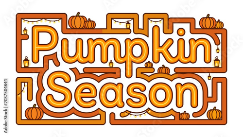Schilderij op canvas Pumpkin Season Graphic: A vibrant orange graphic proclaiming Pumpkin Season adorned with playful pumpkins, twinkling string lights, and charming lantern accents