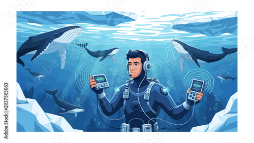 Foto Arctic Ocean Explorer: A diver surrounded by majestic whales in the icy Arctic waters, communicating with marine life using advanced technology