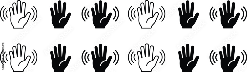 Fototapeta premium Set of hand gesture icons with signal waves showing communication or connection isolated on white background, Vector, illustration