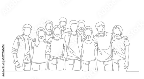 Diverse group of friends standing together, one line art illustration
