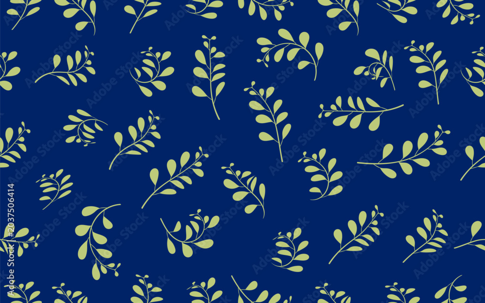 Fototapeta premium Green leaf branch seamless pattern on dark blue background. Botanical pattern with leaves