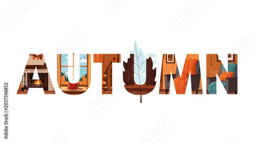 Tableau sur toile Autumn Interior Vignette: A cozy and warm interior scene depicting the word Autumn with each letter filled with elements of a comfortable home, a fireplace, a window view, and seasonal decor