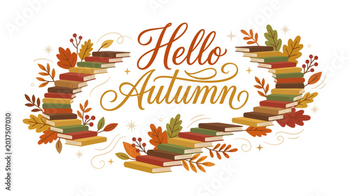 Принти на полотні Hello Autumn Bookshelf Garland: A charming illustration depicts a garland of stacked books forming two semicircles, adorned with colorful autumn leaves and berries