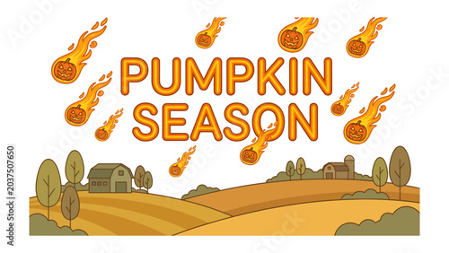 Tableau sur toile Pumpkin Season: An illustrative scene depicting the vibrant essence of autumn with a farm landscape and numerous flaming pumpkins falling from the sky, signifying the onset of pumpkin season