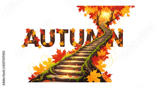 Obraz na płótnie Autumn's Ascent: A picturesque stairway, adorned with vibrant autumn leaves and entwined with mossy roots, leads upwards towards a luminous glow, evoking a sense of seasonal transition and journey
