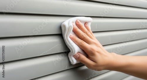 Close-up of a hand wiping down gray vinyl siding with a white cloth.