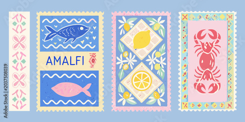 Coastal Postcard Illustrations Featuring Fish Lemons And Crabs In A Flat Style