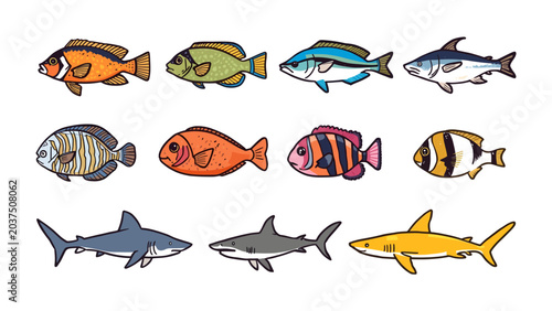 Foto Colorful Collection of Sea Life: A vibrant array of hand-drawn illustrations depicts various aquatic creatures, including tropical fish, reef inhabitants, and sharks