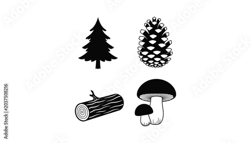 Forestry and woodland collection featuring pine tree cone wooden log and mushroom silhouettes for camping and outdoor nature branding