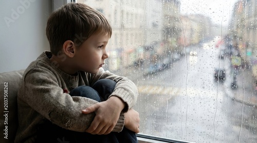 Sad lofi boy sitting by window on rainy night concept. A young boy gazing thoughtfully through a rain-streaked window.