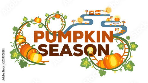 Fotografie Pumpkin Season Celebration: An illustration depicting the joy of pumpkin season, featuring vibrant pumpkins entwined with a playful rollercoaster track, evoking excitement and festive fun