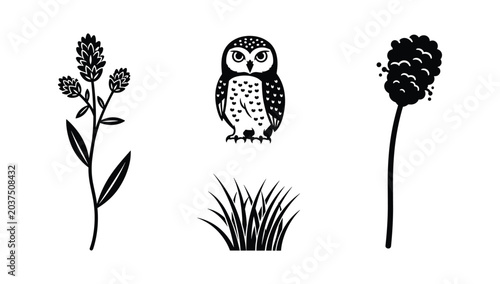 Tableau sur toile Wildlife and nature icons featuring owl and meadow grass silhouette for environm