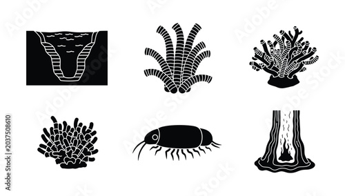 Foto Black and white vector icons of deep sea vents coral formations and crustaceans