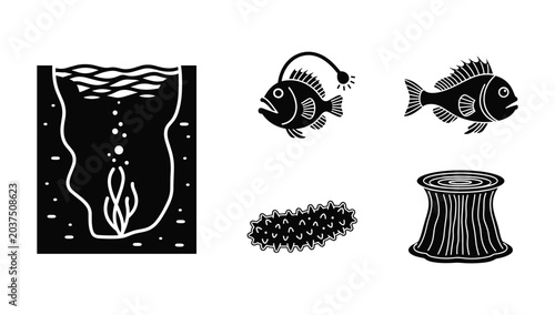Black and white vector icons of deep sea creatures and underwater environments for marine biology and ocean exploration projects