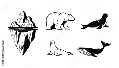 Photography Arctic animals and iceberg silhouettes illustration set black and white