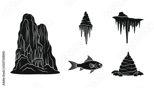 Foto Cave formations and subterranean life vector illustrations black and white icons