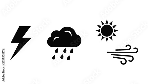 Canvas Print Collection of black silhouette icons representing weather phenomena lightning ra