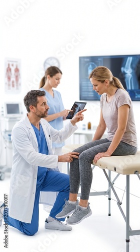 Orthopedic Surgeon Explaining Knee X-Ray Scan to Female Patient During Medical Consultation