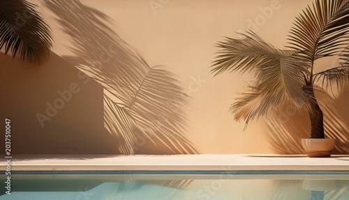 beige wall by pool with shadow from palm tree abstract background generative ai