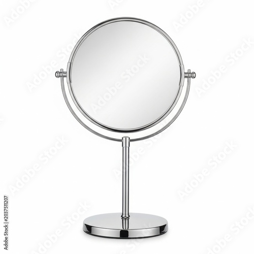 Modern chrome vanity mirror with adjustable arms on round base