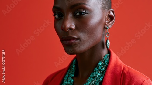 high fashion photoshoot, luxurious portrait of a confident black woman against a bold monochrome studio background, with dramatic lighting and elegant fashion styling