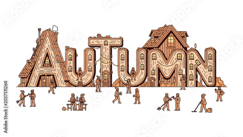 Foto Autumn Alphabet Architecture: An imaginative illustration depicts the word AUTUMN formed by intricate, whimsical buildings, with tiny figures engaging in seasonal activities around them