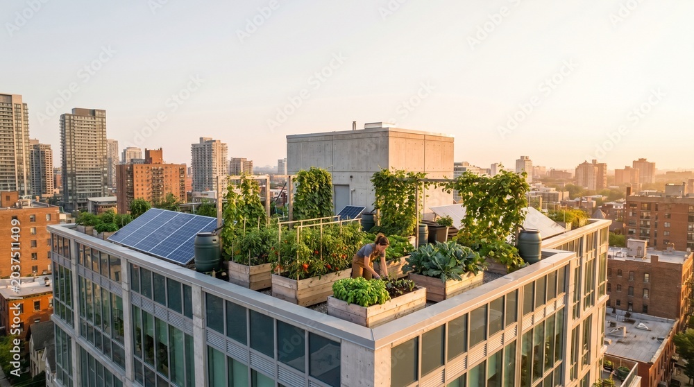 Fototapeta premium Wide Aerial View of Urban Rooftop Garden Across City Block for Sustainable Living