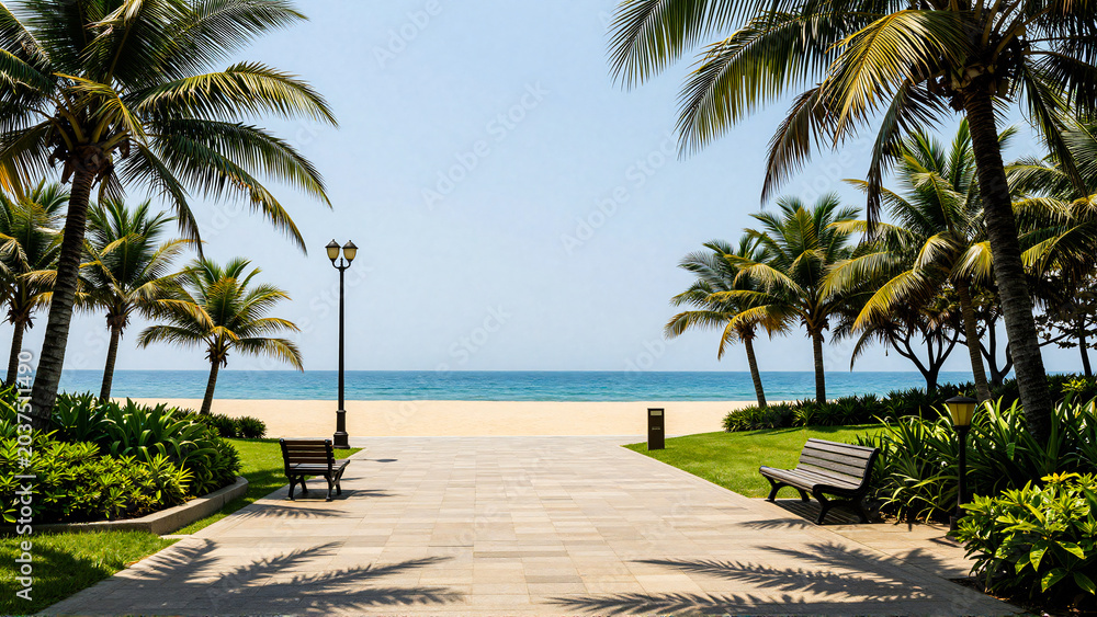 Fototapeta premium Tropical Beach Promenade with Palm Trees and Wooden Benches on a Sunny Day