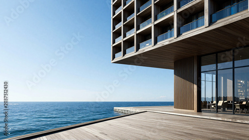 Minimalist exterior of modern hotel with cantilevered wooden deck overlooking blue sea